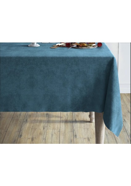 Petrol Mavi Renk Dikdörtgen, Kadife Dokulu, Dertsiz, Masa Örtüsü