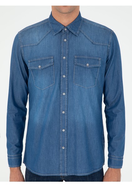 Erkek Mavi Regular Fit Jean Gömlek 50289346-VR036