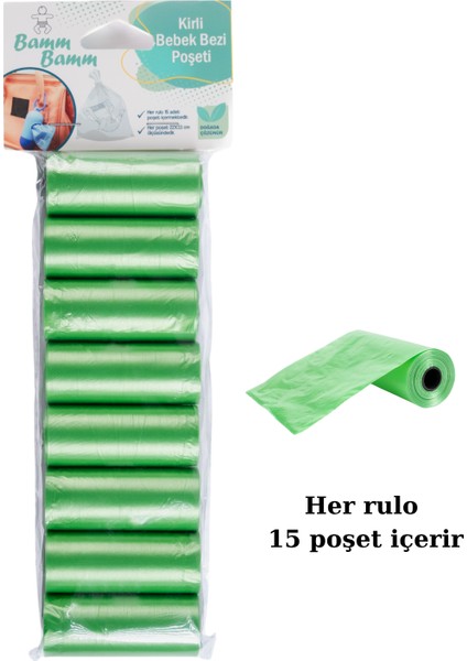 Kirli Bebek Bezi Poşeti Çanta Boy Yeşil 8 Rulo (120 Adet)