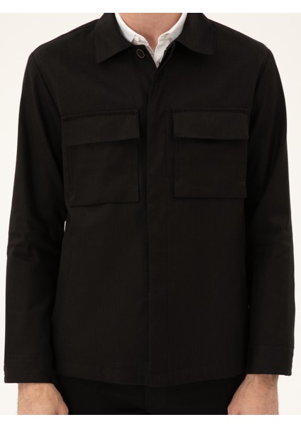 Erkek Siyah Slim Fit Keten Karışımlı Ceket Gömlek 50288993-VR046