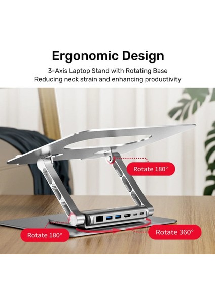 Unıtek 360 Derece Döner 5in1 Metal Notebook Standı (Ethernet, 2xusd3.0, Hdmı, 100W Pd) (D1109B01)