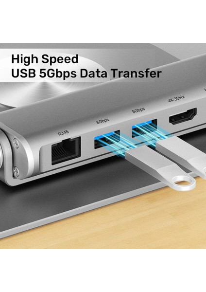Unıtek 360 Derece Döner 5in1 Metal Notebook Standı (Ethernet, 2xusd3.0, Hdmı, 100W Pd) (D1109B01)