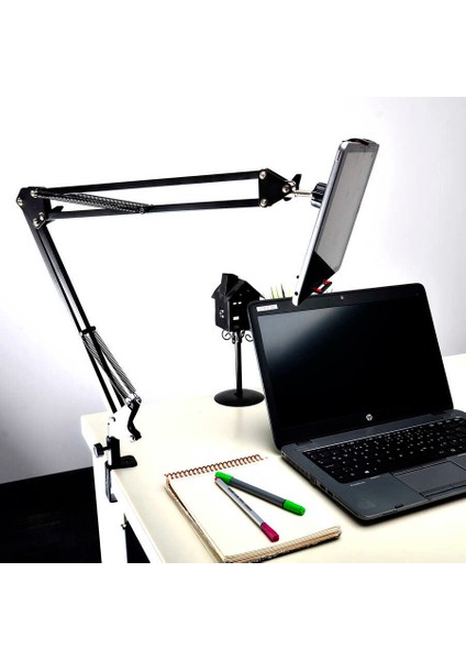 Masaüstü Telefon & Tablet Tutucu 360° Dönen Başlık, Çift Teleskopik Kol (73CM) Ayarlanabilir Kelepçe