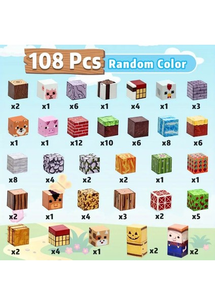 Minecraft Manyetik Küp Blok Çiftlik Hayvan Temalı Yapı Taşı 108 Parça