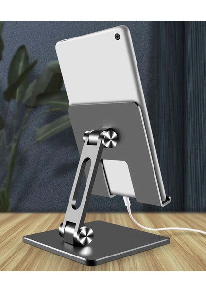Masaüstü Telefon Tablet Standı Ağır Metal Taban, Katlanabilir, 180° Dönen Çift Dirsekli Tutucu Gümüş
