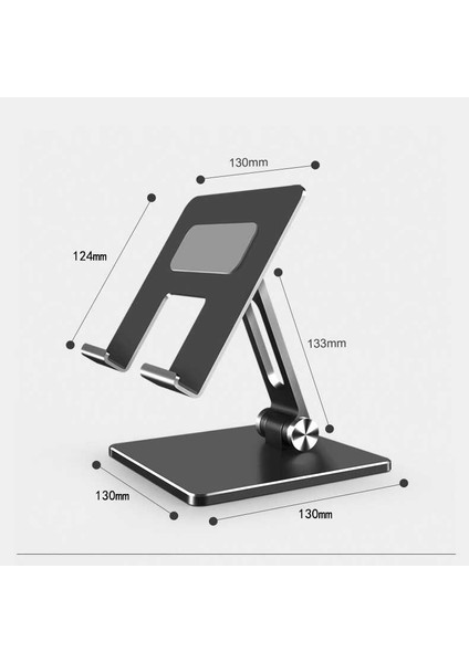 Masaüstü Telefon Tablet Standı Ağır Metal Taban, Katlanabilir, 180° Dönen Çift Dirsekli Tutucu Gümüş