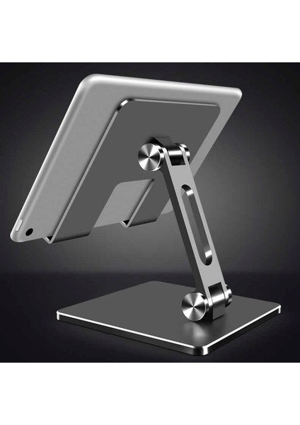 Masaüstü Telefon Tablet Standı Ağır Metal Taban, Katlanabilir, 180° Dönen Çift Dirsekli Tutucu Gümüş