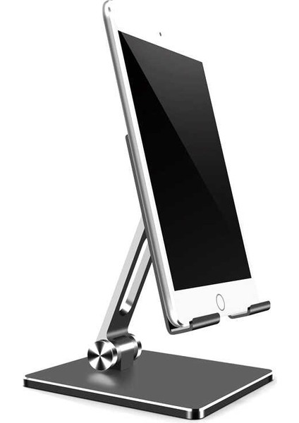 Masaüstü Telefon Tablet Standı Ağır Metal Taban, Katlanabilir, 180° Dönen Çift Dirsekli Tutucu Gümüş