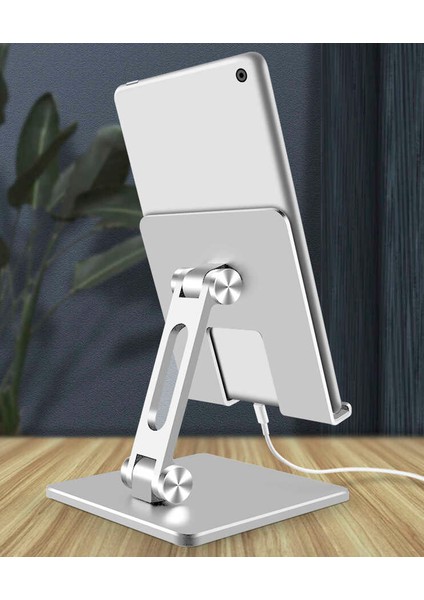 Masaüstü Telefon Tablet Standı Ağır Metal Taban, Katlanabilir, 180° Dönen Çift Dirsekli Tutucu Gri