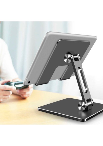 Masaüstü Telefon Tablet Standı Ağır Metal Taban, Katlanabilir, 180° Dönen Çift Dirsekli Tutucu Gri modelleri