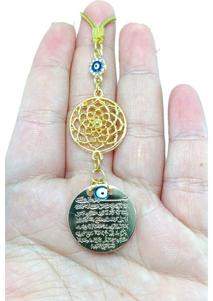 Ayetel Kürsi Araba Dikiz Ayna Süsü, Metal Çiçek Lüks Hediyelik Aksesuar Parlak Nazar Boncuklu