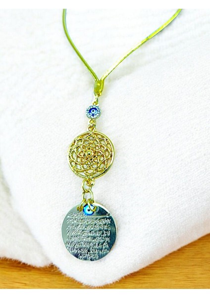 Ayetel Kürsi Araba Dikiz Ayna Süsü, Metal Çiçek Lüks Hediyelik Aksesuar Parlak Nazar Boncuklu