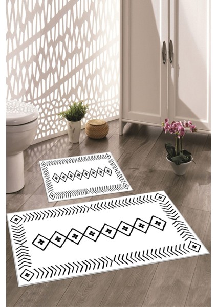 Yıkanabilir Kaymaz Taban Banyo Halısı Takımı 60x100 ve 50x60 Beyaz