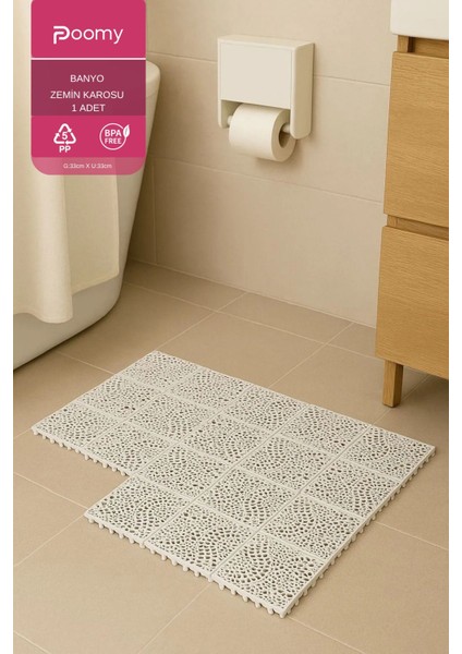 Kaydırmaz Banyo Zemin Karosu 33x33 cm, Plastik, Modüler, Beyaz, Güvenli ve Estetik