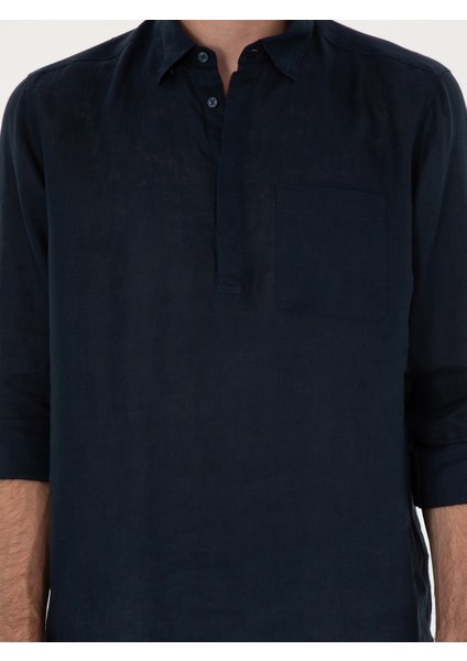 Erkek Lacivert Slim Fit Yarım Düğmeli %100 Keten Gömlek 50288732-VR033