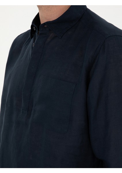 Erkek Lacivert Slim Fit Yarım Düğmeli %100 Keten Gömlek 50288732-VR033