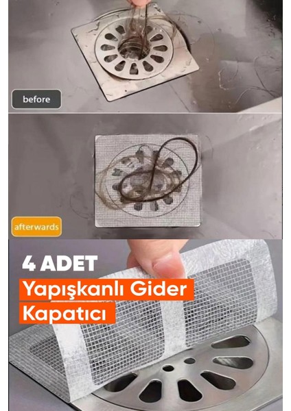 4'lü Yapışkanlı Gider Kapağı Seti, Pratik ve Güçlü Lavabo Tıkacı, Gri Materyal