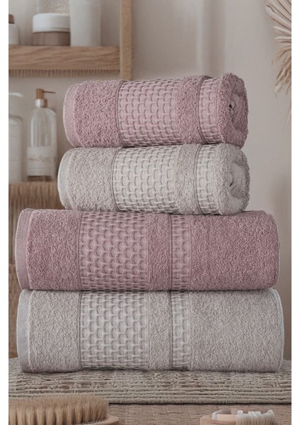 Yumuşak 4'lü Banyo Havlu Seti, %100 Pamuk, Kahverengi-Gül Kurusu renkli, yumuşak dokunuşlu