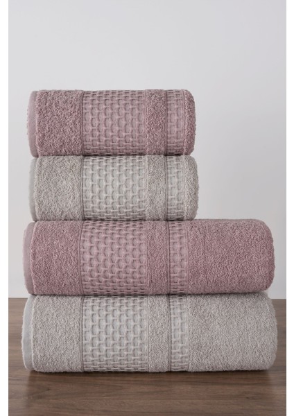 Yumuşak 4'lü Banyo Havlu Seti, %100 Pamuk, Kahverengi-Gül Kurusu renkli, yumuşak dokunuşlu modelleri