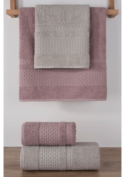 Yumuşak 4'lü Banyo Havlu Seti, %100 Pamuk, Kahverengi-Gül Kurusu renkli, yumuşak dokunuşlu indirimleri