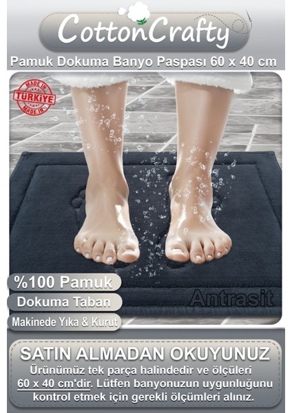 Pamuk dokuma su emici banyo paspası, kaymaz taban, 40x60 cm, antrasit renk