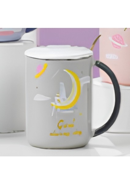 Porselen Kupa 380ML 8,9x7,5cm Kapaklı Metal Kaşıklı 1 Adet