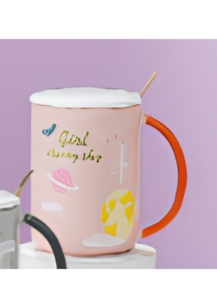 Porselen Kupa 380ML 8,9x7,5cm Kapaklı Metal Kaşıklı 1 Adet