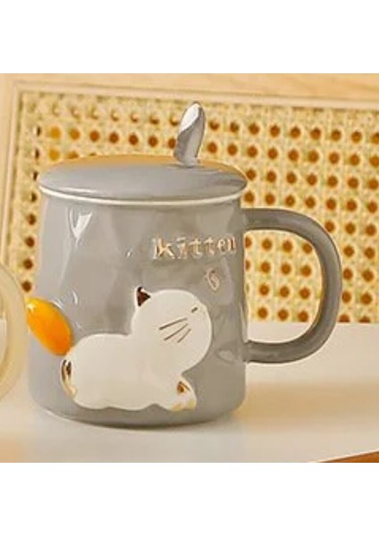 Porselen Kupa Kapaklı Metal Kaşıklı Kitten Yavru Kedi 1 Adet