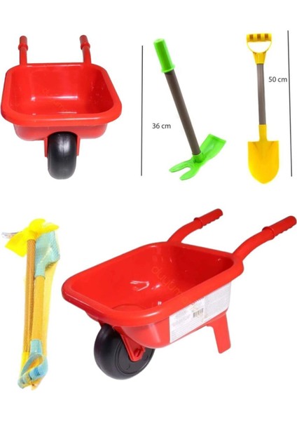 Kazma Küreği Olan Kırmızı Renk Plaj Kum Aktivite Deniz Malzemlerinden Oyuncak El Arabası modelleri