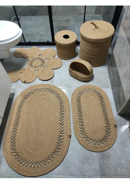 Doğal jüt banyo ve paspas seti, makyaj ve çöp kovasıyla şık ve huzurlu ortam fiyatları