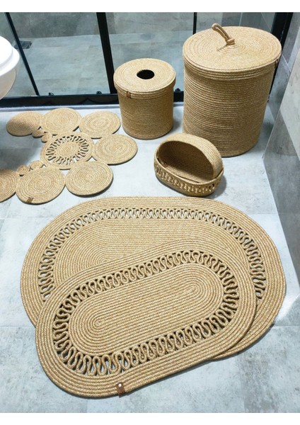 Doğal jüt banyo ve paspas seti, makyaj ve çöp kovasıyla şık ve huzurlu ortam fırsatları