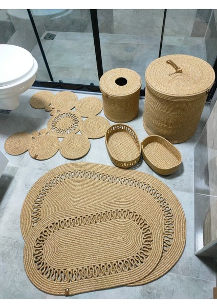 Doğal jüt banyo ve paspas seti, makyaj ve çöp kovasıyla şık ve huzurlu ortam