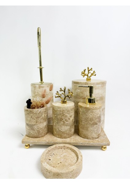 Şık Yuvarlak 7 Parça Traverten Banyo Seti, Altın Mercan Aksesuarlarıyla, Bej Renkli