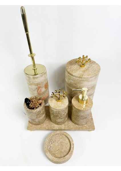 Şık Yuvarlak 7 Parça Traverten Banyo Seti, Altın Mercan Aksesuarlarıyla, Bej Renkli fiyatları