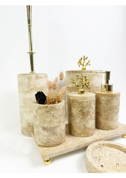 Şık Yuvarlak 7 Parça Traverten Banyo Seti, Altın Mercan Aksesuarlarıyla, Bej Renkli modelleri