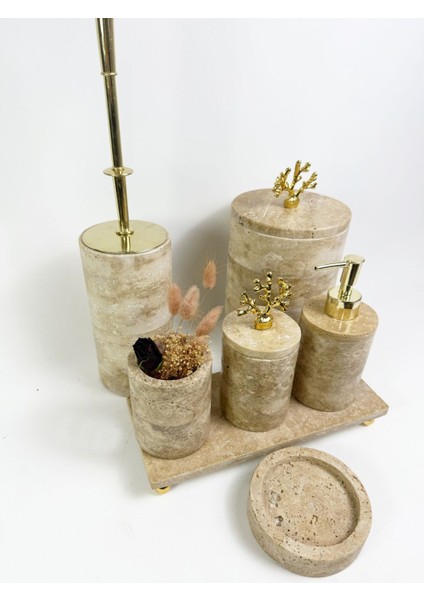 Şık Yuvarlak 7 Parça Traverten Banyo Seti, Altın Mercan Aksesuarlarıyla, Bej Renkli fırsatları