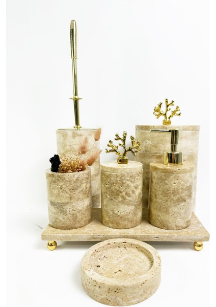 Şık Yuvarlak 7 Parça Traverten Banyo Seti, Altın Mercan Aksesuarlarıyla, Bej Renkli indirimleri