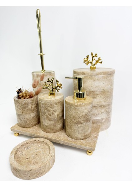 Şık Yuvarlak 7 Parça Traverten Banyo Seti, Altın Mercan Aksesuarlarıyla, Bej Renkli