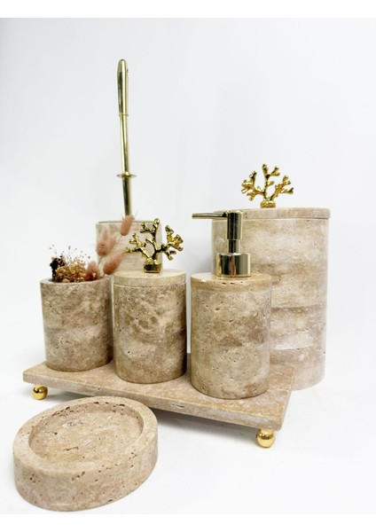 Şık Yuvarlak 7 Parça Traverten Banyo Seti, Altın Mercan Aksesuarlarıyla, Bej Renkli