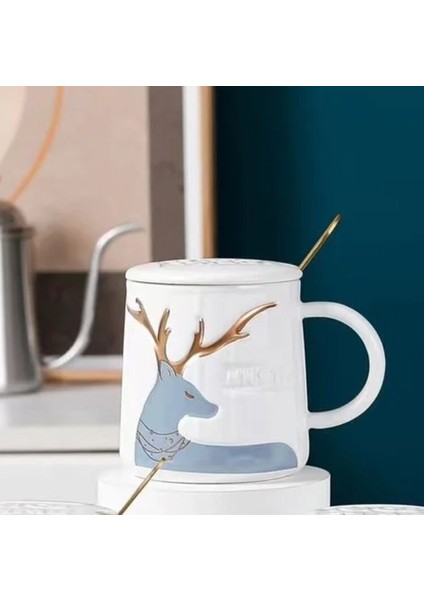 Gift Point Porselen Kupa Ev Yaşam Kapaklı Metal Kaşıklı Geyik Mavi 1 Adet