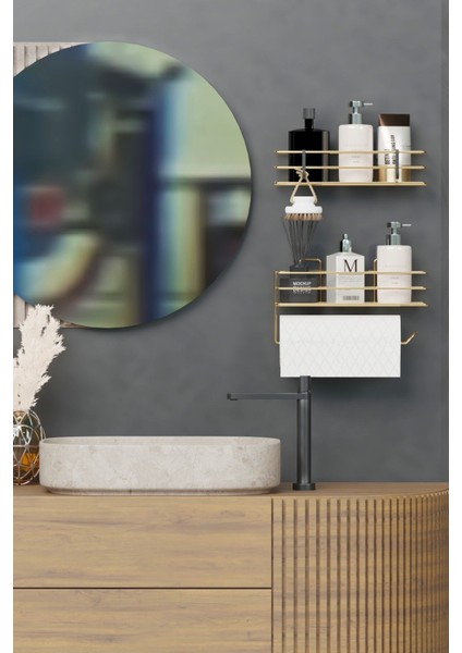 Altın Kaplama Banyo Rafı Seti, 2'li, Yapışkanlı, Metal, Şık ve Kullanışlı Organizer modelleri