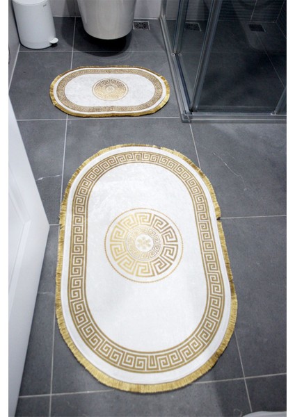 Şık Desenli Banyo Paspası Seti, Kaymaz Taban, Makinada Yıkanabilir, Saçaklı, 2’li, Polyester