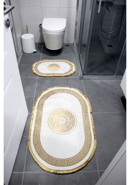 Şık Desenli Banyo Paspası Seti, Kaymaz Taban, Makinada Yıkanabilir, Saçaklı, 2’li, Polyester fiyatları