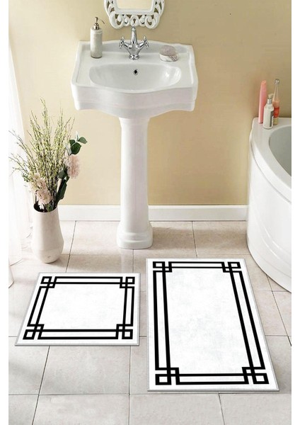 Yıkanabilir Kaymaz Tabanlı Banyo Halısı ve Paspas Takımı, Beyaz, 2'li Set