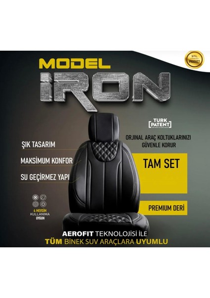 Kia Stonic Uyumlu Lüx Deri Oto Koltuk Kılıfı Ön Arka Takım Iron Siyah Ags modelleri
