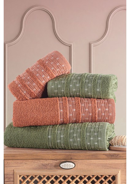 Haki-Kiremit 4'lü Yumuşak ve Şık Banyo Havlu Seti