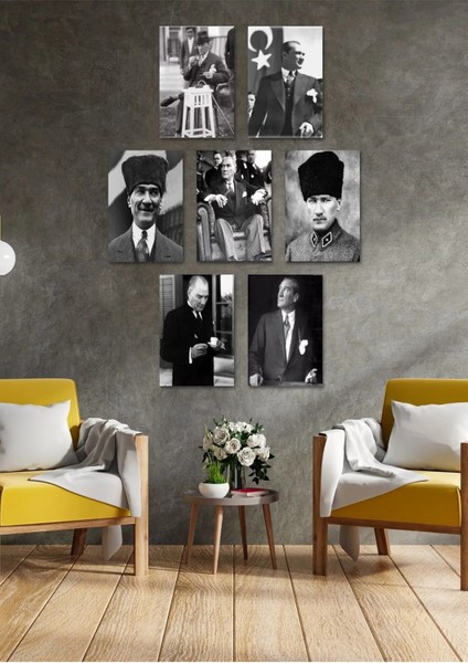 7 Parça Ahşap Atatürk Duvar Dekoru - Salon Oturma Yatak Odası Ofis Antre Için 20X30 Tablo