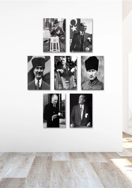 7 Parça Ahşap Atatürk Duvar Dekoru - Salon Oturma Yatak Odası Ofis Antre Için 20X30 Tablo