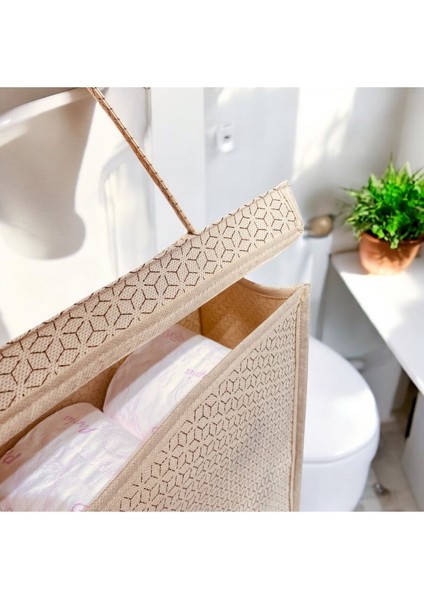 Bej renkli banyo düzenleyici askılı, kumaş tuvalet ve havlu organizeri modelleri