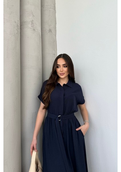 Lacivert Gömlek Yaka Kemerli Keten Kısa Kollu Midi Elbise